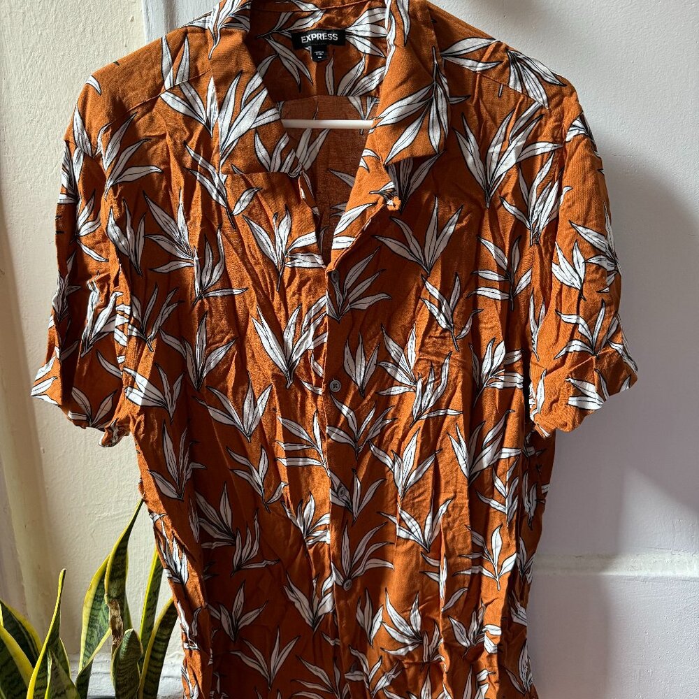 Express Abstract Tropical Floral Short Sleeve Camp Shirt